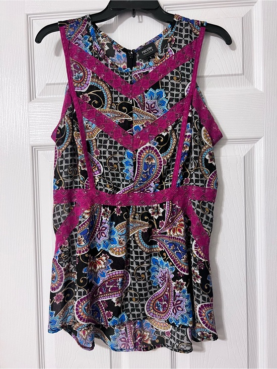 Nicole Miller Tops - Nicole Miller Black Baroque Paisley Top with Fuchsia Lace Trim and Blue Accent